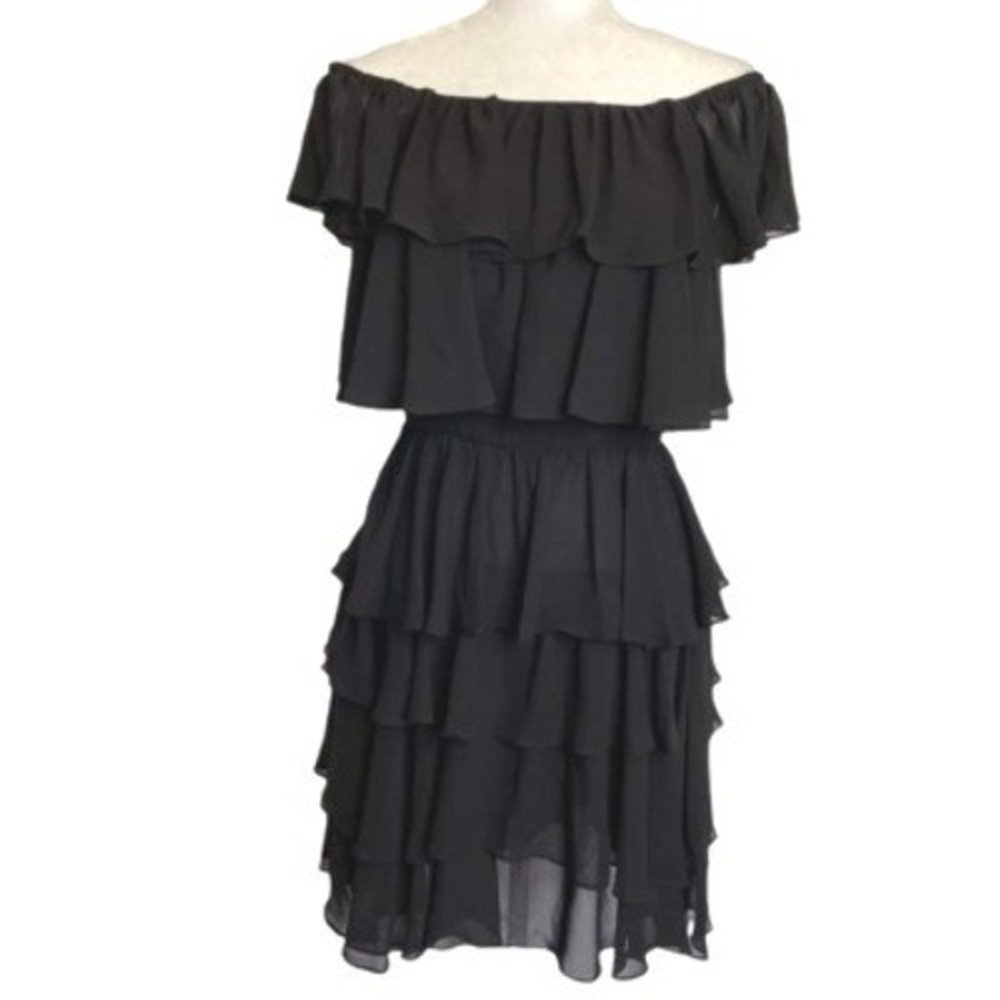 Pearl Georgina Chapman Dress Sz 2 Fairy Ruffle‎ Off Shoulder Tiered Black LBD